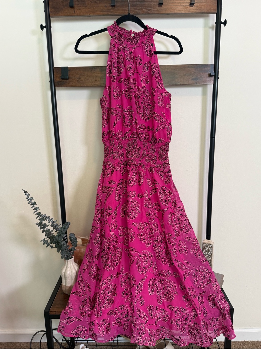 White House Black Market Pink Paisley Smocked Halter Maxi Dress Size 4